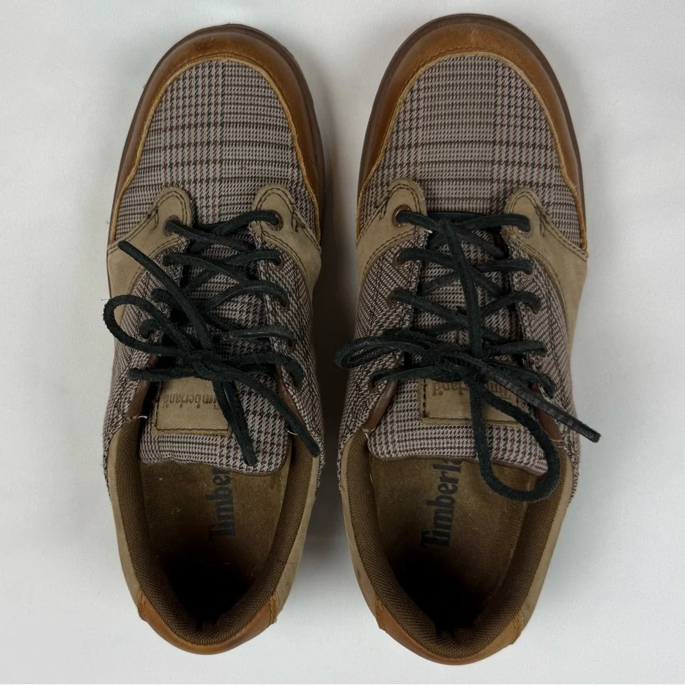 Vtg Timberland Mens Deck Shoes US 9 Leather/Canvas Plaid Brown